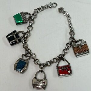 Retired Brighton I LOVE DESIGNER BAGS 6 Multicolor Enamel Purses Charm Bracelet